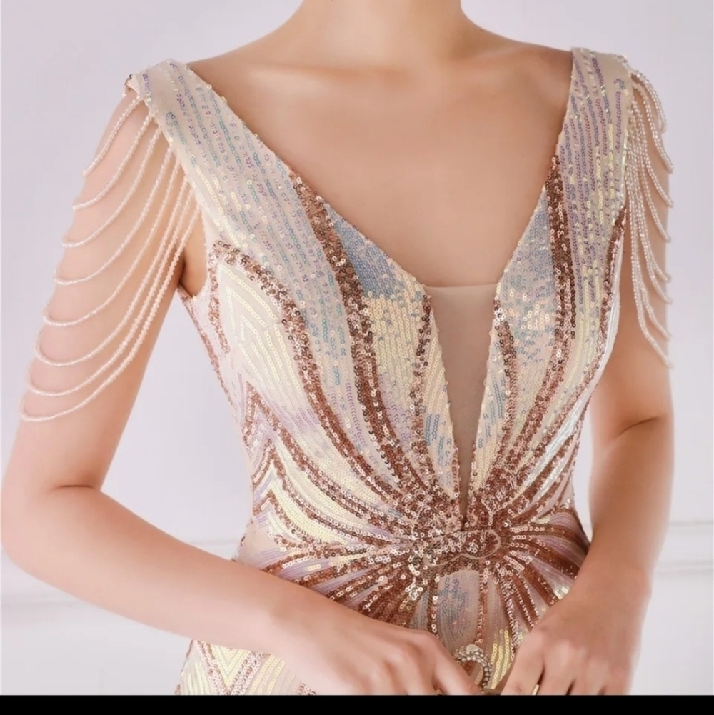 Gold, Striped,  V Neck, Sleeveless,  Backless,  Beaded, Sequined,  Merma… - Picture 6 of 15